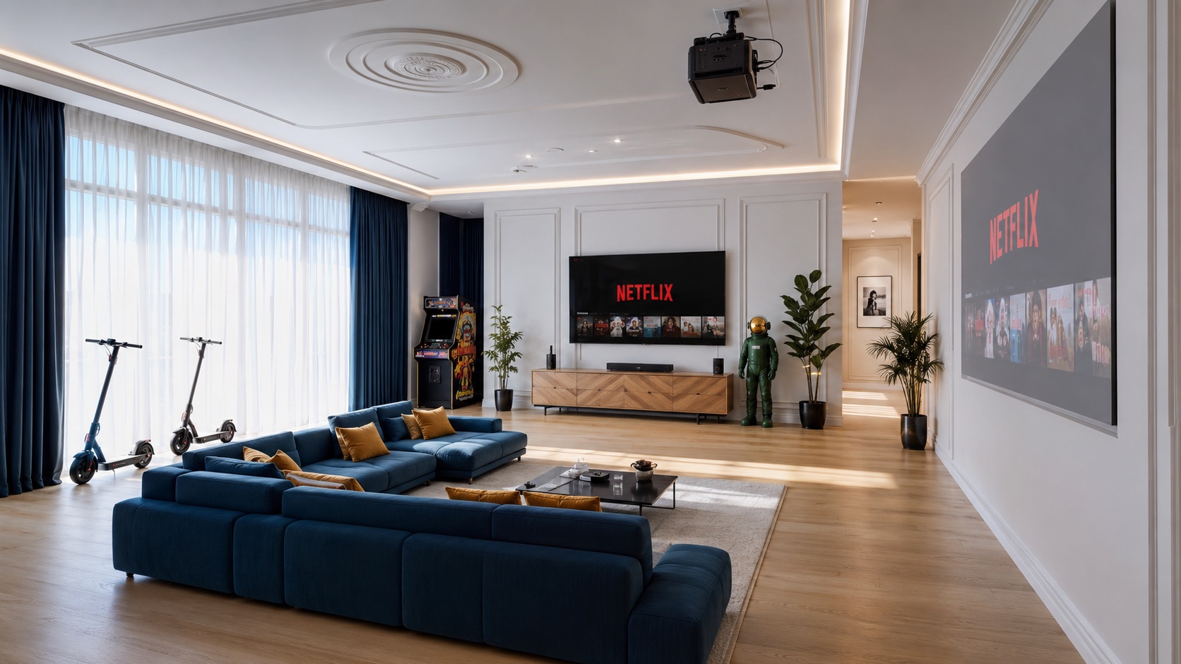 Salón luminoso con pantalla de cine, arcade y patinetes en un apartamento de Maik Homes en Oviedo